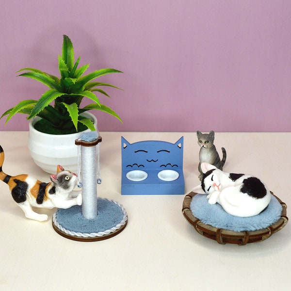 1:6 Miniature Cat Tree. Miniature Bowl Stand. Dollhouse Pet Bed.