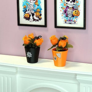 Halloween Miniature Flowers in Pots. 1:6 Scale Dollhouse Halloween Decor. Plants for 11-12 inch Dolls.