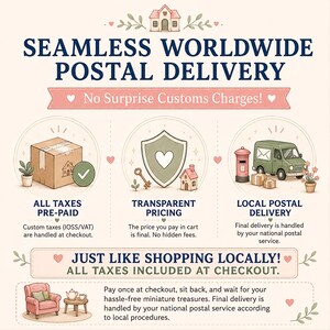 May include: An infographic titled SEAMLESS WORLDWIDE POSTAL DELIVERY featuring illustrations of a cardboard box, a shield with a heart, and a green delivery van. Text includes ALL TAXES PRE-PAID, TRANSPARENT PRICING, LOCAL POSTAL DELIVERY, and JUST LIKE SHOPPING LOCALLY.