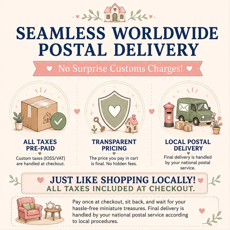 May include: An infographic titled SEAMLESS WORLDWIDE POSTAL DELIVERY featuring illustrations of a cardboard box, a shield with a heart, and a green delivery van. Text includes ALL TAXES PRE-PAID, TRANSPARENT PRICING, LOCAL POSTAL DELIVERY, and JUST LIKE SHOPPING LOCALLY.