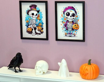 Arte em miniatura para casa de bonecas na escala 1:6 com tema de Halloween - Impressões de esqueletos