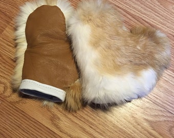 Child’s rabbit fur mittens leather