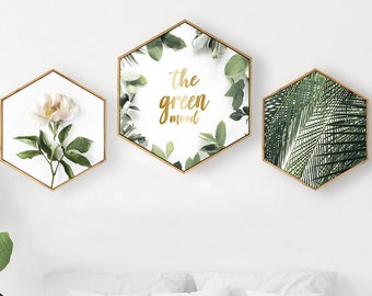 Set of 3 Framed Hexagon Wall Art; Botanical Art Print; Modern Wall Art; Hexagon Canvas Print; Floral Wall print; Leaf Print;