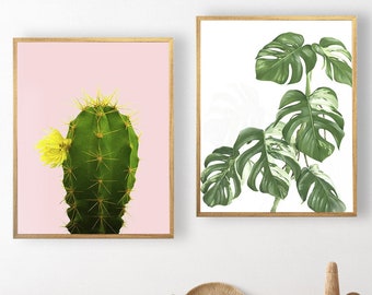 Set of 2 Framed Botanical Wall Print; Canvas Wall Art; Modern Room Decor; Cactus Wall Decor; Leaf Wall Decor