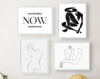 Set of 4 Line Drawing Wall Art With Frame; Feminis Canvas Print; Modern Canvas Art; Henri Matisse Print; Nude Wall art