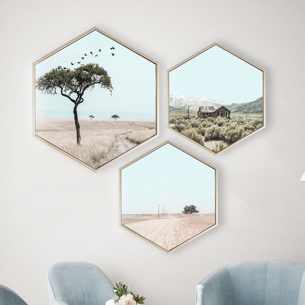 Set of 3 Framed Hexagon Wall Art; Landscape Art Print; Modern Wall Art; Hexagon Canvas Print
