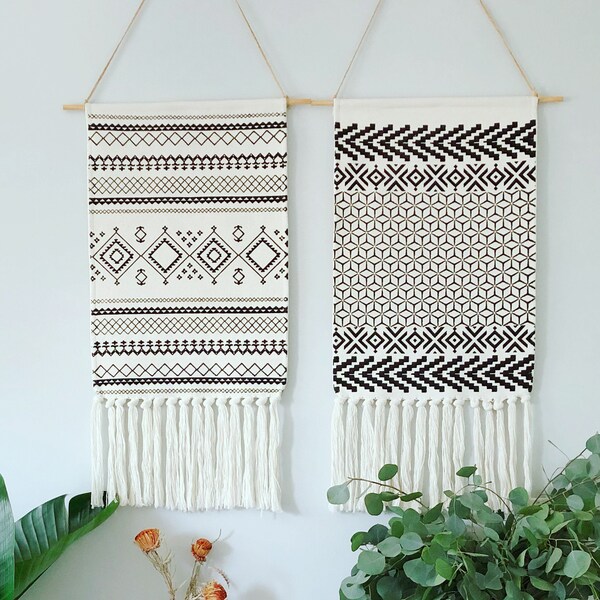 Bohemian Wall Hanging; Woven Wall Decor; Wall Tapestry With Tassel;Black White Wall Tapestry