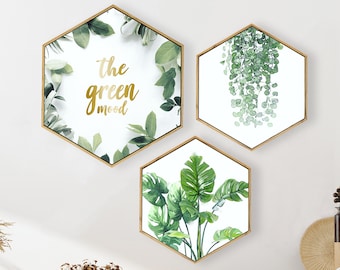 Set of 3 Framed Hexagon Wall Art; Botanical Art Print; Modern Wall Art; Hexagon Canvas Print; Leaf Wall print; Tropical Wall Decor