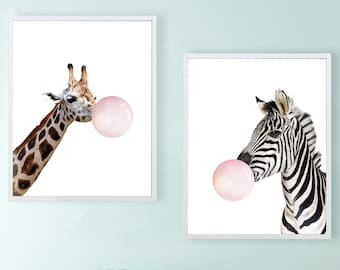 Set of 2 Animal Print Zebra Giraffe Canvas Art Print Modern Canvas  Wall Art With Frame