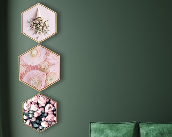 Framed Hexagon Wall Art; Floral Art Print; Modern Wall Art; Hexagon Canvas Print; Peony Wall Decor