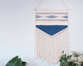 Boho Blue Wall Tapestry with Tassel, Woven Wall Hanging (32x22INCH)