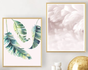 Set of 2 Modern Canvas Art;Framed Wall Decor; Banana Leaf Canvas Print; Feather Canvas Print