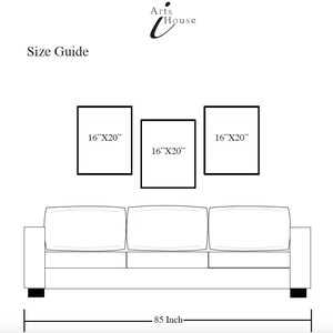 K&ouml;nnte beinhalten: Eine Gr&ouml;&szlig;en&uuml;bersicht mit dem Text "Size Guide" und dem Arts House-Logo. Drei gerahmte Kunstwerke mit den Ma&szlig;en 40,6 cm x 50,8 cm werden &uuml;ber einem 216 cm breiten Sofa angezeigt.