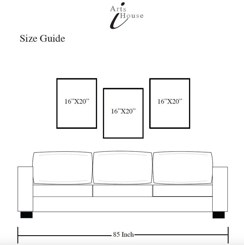 K&ouml;nnte beinhalten: Eine Gr&ouml;&szlig;en&uuml;bersicht mit dem Text "Size Guide" und dem Arts House-Logo. Drei gerahmte Kunstwerke mit den Ma&szlig;en 40,6 cm x 50,8 cm werden &uuml;ber einem 216 cm breiten Sofa angezeigt.
