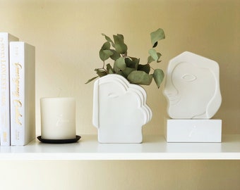 Abstract Face Ceramic Vase Set: Minimalist White Home Decor