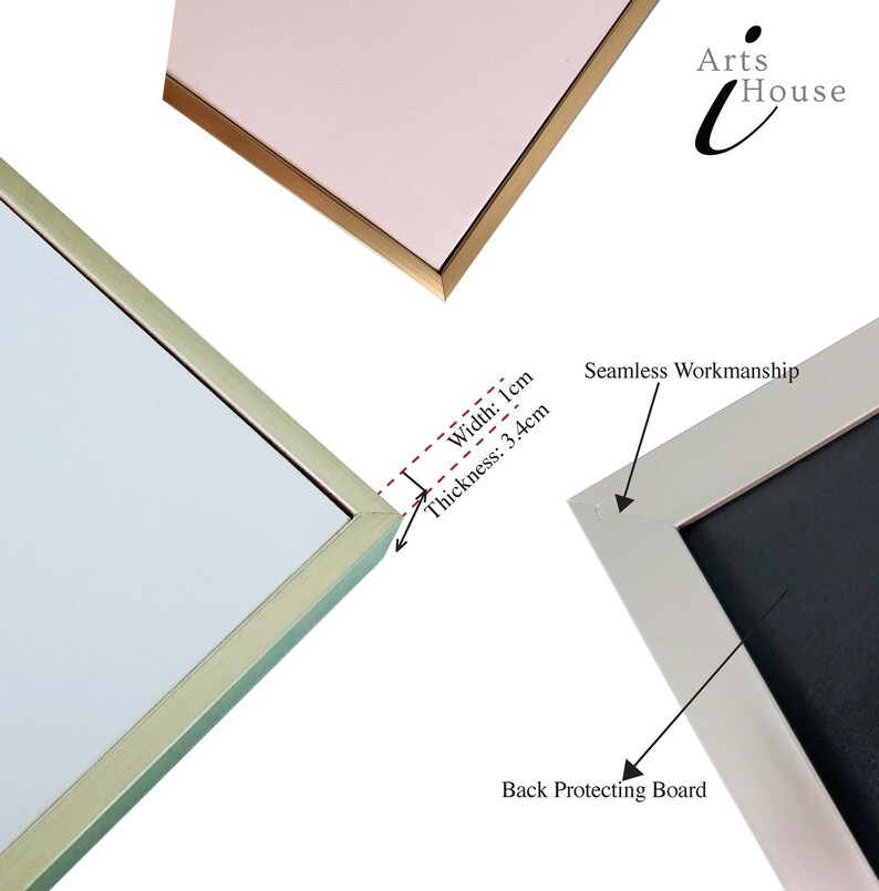 K&ouml;nnte beinhalten: Nahaufnahme von gerahmter Kunst mit einem goldfarbenen Rahmen. Die Rahmenbreite betr&auml;gt 1 cm, die Dicke 3,4 cm. Das Bild zeigt die Ecke des Rahmens und die R&uuml;ckwand. Der Text "Seamless Workmanship" ist sichtbar.