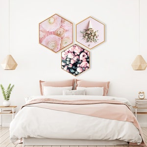 Framed Hexagon Wall Art Floral Art Print Modern Wall Art Hexagon Canvas Print Peony Wall Decor image 2