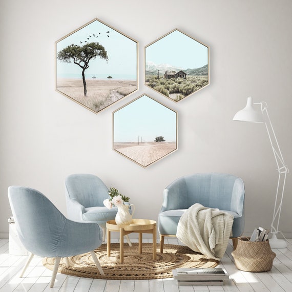 Set of 3 Framed Hexagon Wall Art Landscape Art Print Modern Etsy
