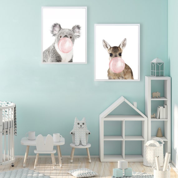 Koala & Kangaroo Bubblegum Animal Print Set: Modern Framed Canvas Art
