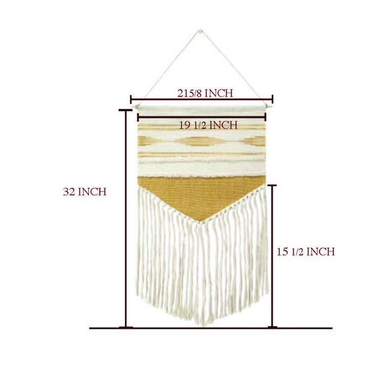 May include: A woven wall hanging with a cream and gold geometric design. The wall hanging is 32 inches long, 19 1/2 inches wide, and has a fringe at the bottom. The hanging rod is 21 5/8 inches wide.