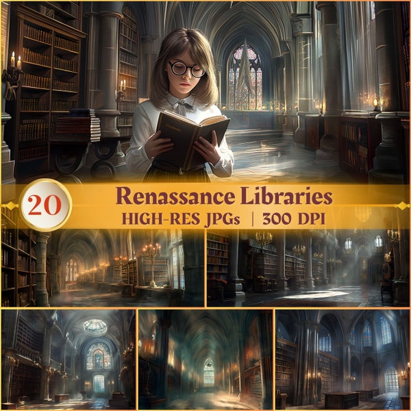 Renaissance Library Bundle - 20 Medieval Style Libraries featuring elegant architecture, back to shool backdrop, ivy league, high education