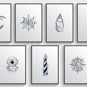Set van 7 nautische prenten voor kwekerij, kwekerij Yacht prints, kwekerij Sailing Wall Art, digitale download