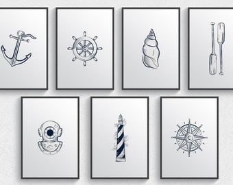 Set of 7 Nautical Prints for Nursery, Nursery Yacht Prints, Nursery Sailing Wall Art, Digital Download
