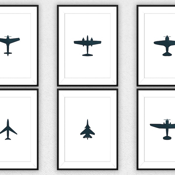 Set of 6 Plane Prints for Nursery, Nursery Fighter Jet Prints, Nursery Airplane Wall Art, Digital Download