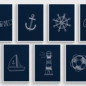 Set van 14 nautische prenten voor kwekerij, kwekerij Yacht prints, kwekerij zeilen muur kunst, digitale download zowel blauwe & witte achtergronden