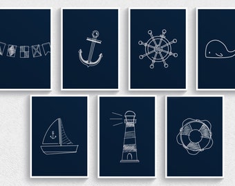 Set of 14 Nautical Prints for Nursery, Nursery Yacht Prints, Nursery Sailing Wall Art, Digital Download both Blue & White Backgrounds