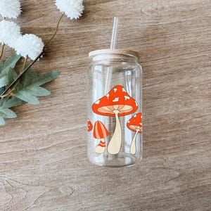 Personalized Mushroom Mug Retro Glass Cup Boho Glass Tumbler Glass Beer Can Vintage Vibes Mushroom Tumbler with Straw and Lid