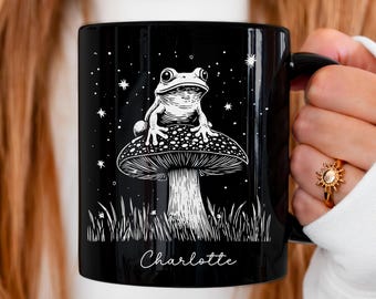 Personalized Frog Mug, Cottagecore Mushroom Coffee Cup, Custom Name Gift