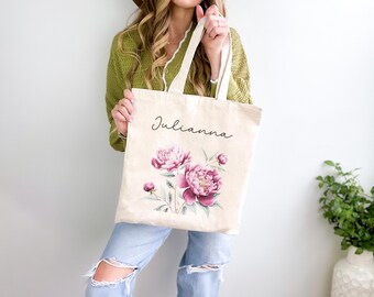 Personalized Birth Flower Tote Bag, Custom Name Tote Bag, Birth Month Flower Bag, Floral Canvas Tote, Gift for Her, Bridesmaid Gift