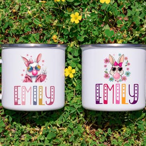 Custom Easter Enamel Mug for Kids Hot Chocolate Mug Easter Basket Stuffer Fun Gift for Boys & Girls Personalized Easter Mug Fun Easter Gift