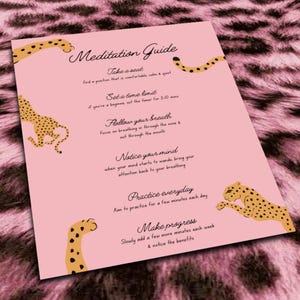 May include: A pink printable meditation guide with cheetah print illustrations. The guide includes steps for taking a seat, setting a time limit, following your breath, noticing your mind, practicing everyday, and making progress.