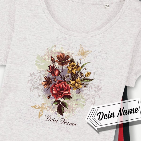T-Shirt Vintage Blumen, Wunschname, Frauen, eigener Text, bedruckt, personalisiert, Baumwolle, Jersey