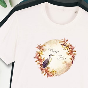 T-shirt with crane and small bird, personalized text, organic T-shirt men, printed, personalized, cotton, desired text