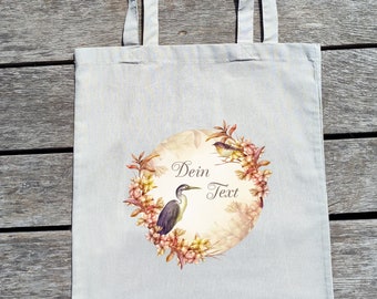 Bag printed with crane motif, long handles, cotton, desired text, personalized, desired name, individualized, bird, leaves