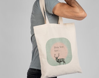 Bag printed with deer motif, long handles, cotton, desired text, personalized, desired name, individualized
