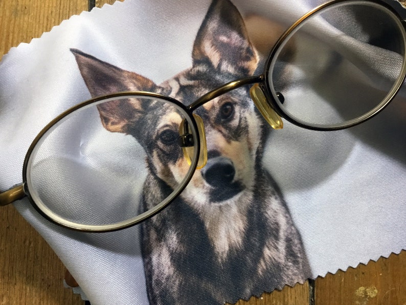 May include: A close-up of a round, brown-framed pair of glasses resting on a white microfiber cleaning cloth with a printed image of a dog's face. The dog has brown, black, and gray fur.