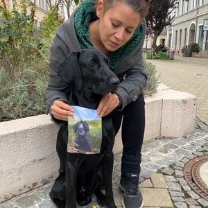 Pode incluir: Uma mulher com uma jaqueta cinza e um len&ccedil;o verde est&aacute; segurando um cachorro preto. O cachorro est&aacute; sentado em uma superf&iacute;cie de pedra e tem um pequeno quadrado de tecido com uma imagem de um cachorro nele.