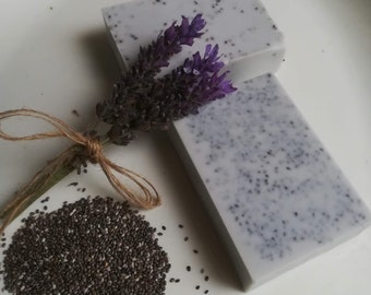 Handmade Lavender & Organic Chia seed soap. 115g+-5g Vegan, SLS free, No plastic packaging.