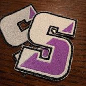 May include: Two purple and white felt iron-on patches in the shape of the letter "S".