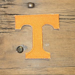 May include: An orange embroidered letter "T" with a white border, set against a rustic wooden background. The wood has visible grain and is accented with decorative metal studs. The letter is a bold, eye-catching design.