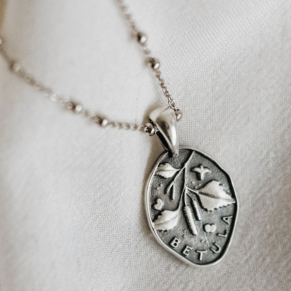 Birch tree twig, Botanical medallion, Betula silver oval druid charm, Silver 925 birthday slavic present, Two-sided plated dainty girl gift