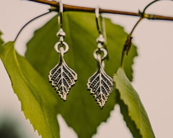 Handgemaakte oorbellen van geoxideerd zilver berkenblad - op de natuur geïnspireerde sieraden, lichtgewicht, nikkelvrij, botanisch uniek ambachtelijk ontwerp