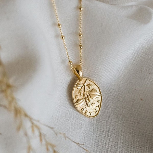 Birch tree leaf necklace pendant in silver, Unique gift for nature lover, Betula twig charm, Gold plated botanical medallion with initials