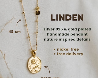 Zilveren ketting met lindebladeren – op de natuur geïnspireerde hanger, gouden botanische bedel, gepersonaliseerd cadeau