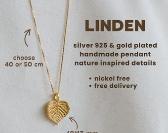 Lindeblad hanger ketting, zilveren en vergulde botanische sieraden, natuurliefhebber cadeau, cadeau voor linde, Slavisch vrouwelijk talisman cadeau