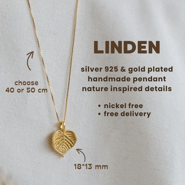 Lindenblatt Anhänger Halskette, Silber & vergoldet botanischer Schmuck, Geschenk für Naturliebhaber, Symbolischer Schmuck, slawisches weibliches Talismangeschenk